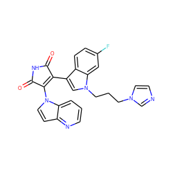 O=C1NC(=O)C(n2ccc3ncccc32)=C1c1cn(CCCn2ccnc2)c2cc(F)ccc12 ZINC000042989845