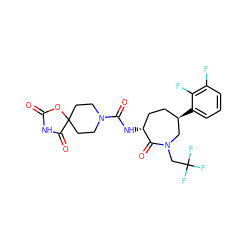 O=C1NC(=O)C2(CCN(C(=O)N[C@@H]3CC[C@@H](c4cccc(F)c4F)CN(CC(F)(F)F)C3=O)CC2)O1 ZINC000045256919