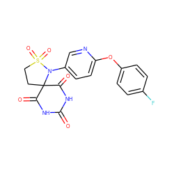 O=C1NC(=O)C2(CCS(=O)(=O)N2c2ccc(Oc3ccc(F)cc3)nc2)C(=O)N1 ZINC000028960229