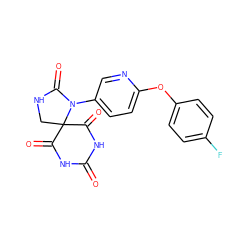 O=C1NC(=O)C2(CNC(=O)N2c2ccc(Oc3ccc(F)cc3)nc2)C(=O)N1 ZINC000028960299