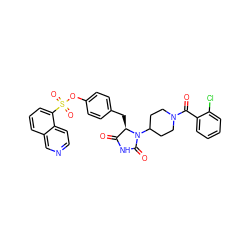 O=C1NC(=O)N(C2CCN(C(=O)c3ccccc3Cl)CC2)[C@@H]1Cc1ccc(OS(=O)(=O)c2cccc3cnccc23)cc1 ZINC000205330595