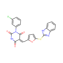 O=C1NC(=O)N(c2cccc(Cl)c2)C(=O)/C1=C\c1ccc(Sc2nc3ccccc3[nH]2)o1 ZINC000008683369