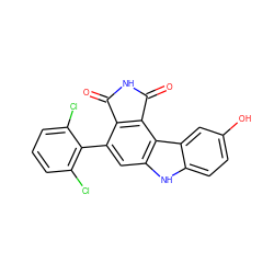 O=C1NC(=O)c2c1c(-c1c(Cl)cccc1Cl)cc1[nH]c3ccc(O)cc3c21 ZINC000034804069