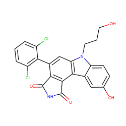 O=C1NC(=O)c2c1c(-c1c(Cl)cccc1Cl)cc1c2c2cc(O)ccc2n1CCCO ZINC000036404034