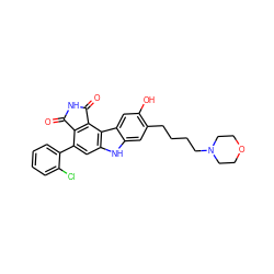 O=C1NC(=O)c2c1c(-c1ccccc1Cl)cc1[nH]c3cc(CCCCN4CCOCC4)c(O)cc3c21 ZINC000029126938