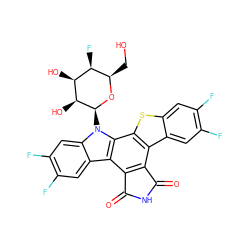 O=C1NC(=O)c2c1c1c3cc(F)c(F)cc3sc1c1c2c2cc(F)c(F)cc2n1[C@@H]1O[C@H](CO)[C@H](F)[C@H](O)[C@@H]1O ZINC000261170554