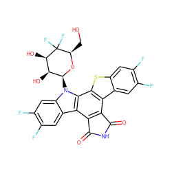 O=C1NC(=O)c2c1c1c3cc(F)c(F)cc3sc1c1c2c2cc(F)c(F)cc2n1[C@@H]1O[C@H](CO)C(F)(F)[C@H](O)[C@@H]1O ZINC000028471942