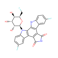 O=C1NC(=O)c2c1c1c3cc(F)ccc3[nH]c1c1c2c2cc(F)ccc2n1[C@@H]1O[C@H](CF)[C@H](O)[C@@H](O)[C@H]1O ZINC000028474380