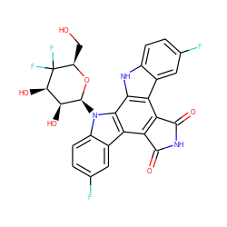 O=C1NC(=O)c2c1c1c3cc(F)ccc3[nH]c1c1c2c2cc(F)ccc2n1[C@@H]1O[C@H](CO)C(F)(F)[C@H](O)[C@@H]1O ZINC000028472846