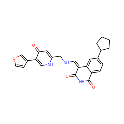 O=C1NC(=O)c2ccc(C3CCCC3)cc2/C1=C/NCc1cc(=O)c(-c2ccoc2)c[nH]1 ZINC000040421869