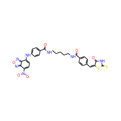 O=C1NC(=S)S/C1=C/c1ccc(C(=O)NCCCCCNC(=O)c2ccc(Nc3ccc([N+](=O)[O-])c4nonc34)cc2)cc1 ZINC000215258698