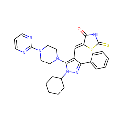 O=C1NC(=S)S/C1=C\c1c(-c2ccccc2)nn(C2CCCCC2)c1N1CCN(c2ncccn2)CC1 ZINC000028822837