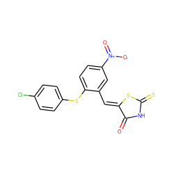 O=C1NC(=S)S/C1=C\c1cc([N+](=O)[O-])ccc1Sc1ccc(Cl)cc1 ZINC000012370125