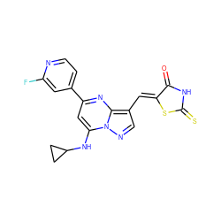 O=C1NC(=S)S/C1=C\c1cnn2c(NC3CC3)cc(-c3ccnc(F)c3)nc12 ZINC000117826235