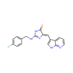 O=C1NC(NCc2ccc(Cl)cc2)=N/C1=C\c1c[nH]c2ncccc12 ZINC000040972872