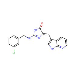 O=C1NC(NCc2cccc(Cl)c2)=N/C1=C\c1c[nH]c2ncccc12 ZINC000040975498