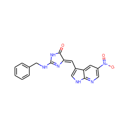 O=C1NC(NCc2ccccc2)=N/C1=C\c1c[nH]c2ncc([N+](=O)[O-])cc12 ZINC000040974478