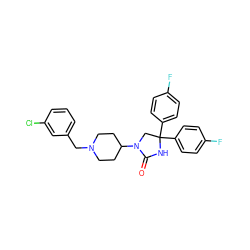 O=C1NC(c2ccc(F)cc2)(c2ccc(F)cc2)CN1C1CCN(Cc2cccc(Cl)c2)CC1 ZINC000034802207