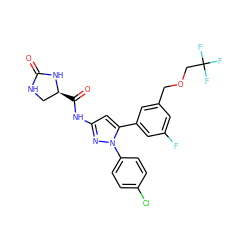 O=C1NC[C@H](C(=O)Nc2cc(-c3cc(F)cc(COCC(F)(F)F)c3)n(-c3ccc(Cl)cc3)n2)N1 ZINC000169707473