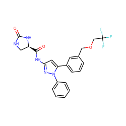 O=C1NC[C@H](C(=O)Nc2cc(-c3cccc(COCC(F)(F)F)c3)n(-c3ccccc3)n2)N1 ZINC000169707271