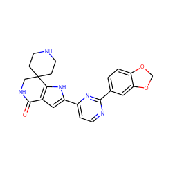 O=C1NCC2(CCNCC2)c2[nH]c(-c3ccnc(-c4ccc5c(c4)OCO5)n3)cc21 ZINC000066156777