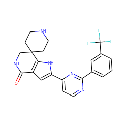 O=C1NCC2(CCNCC2)c2[nH]c(-c3ccnc(-c4cccc(C(F)(F)F)c4)n3)cc21 ZINC000071332550