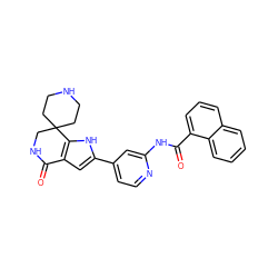 O=C1NCC2(CCNCC2)c2[nH]c(-c3ccnc(NC(=O)c4cccc5ccccc45)c3)cc21 ZINC000073387147