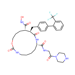 O=C1NCCCC[C@@H](C(=O)NCC(=O)N2CCNCC2)NC(=O)[C@H](Cc2ccc(-c3ccccc3C(F)(F)F)cc2)[C@@H](C(=O)NO)CCCO1 ZINC000026989852