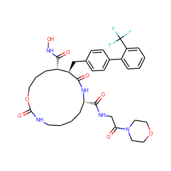 O=C1NCCCC[C@@H](C(=O)NCC(=O)N2CCOCC2)NC(=O)[C@H](Cc2ccc(-c3ccccc3C(F)(F)F)cc2)[C@@H](C(=O)NO)CCCO1 ZINC000003944005