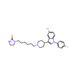 O=C1NCCN1CCCCCCN1CCC(c2cn(-c3ccc(F)cc3)c3ccc(Cl)cc23)CC1 ZINC000013452504