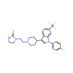 O=C1NCCN1CCN1CCC(c2cn(-c3ccc(F)cc3)c3cc(C(F)(F)F)ccc23)CC1 ZINC000013731165