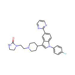 O=C1NCCN1CCN1CCC(c2cn(-c3ccc(F)cc3)c3ccc(-c4ncccn4)cc23)CC1 ZINC000013493012