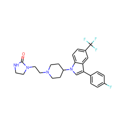 O=C1NCCN1CCN1CCC(n2cc(-c3ccc(F)cc3)c3cc(C(F)(F)F)ccc32)CC1 ZINC000013731240