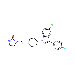 O=C1NCCN1CCN1CCC(n2cc(-c3ccc(F)cc3)c3cc(Cl)ccc32)CC1 ZINC000013731237