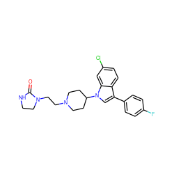 O=C1NCCN1CCN1CCC(n2cc(-c3ccc(F)cc3)c3ccc(Cl)cc32)CC1 ZINC000013731228