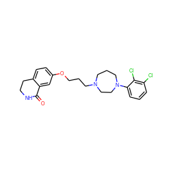 O=C1NCCc2ccc(OCCCN3CCCN(c4cccc(Cl)c4Cl)CC3)cc21 ZINC000095557184