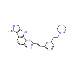 O=C1NCc2[nH]c3c(ccc4cnc(/C=C/c5cccc(CCN6CCOCC6)c5)cc43)c21 ZINC000072139831