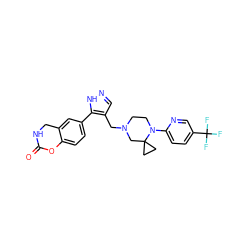 O=C1NCc2cc(-c3[nH]ncc3CN3CCN(c4ccc(C(F)(F)F)cn4)C4(CC4)C3)ccc2O1 ZINC000143812349