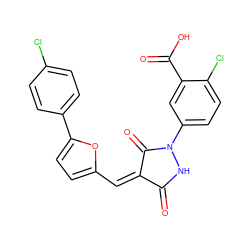 O=C1NN(c2ccc(Cl)c(C(=O)O)c2)C(=O)/C1=C\c1ccc(-c2ccc(Cl)cc2)o1 ZINC000036151620