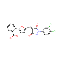 O=C1NN(c2ccc(Cl)c(Cl)c2)C(=O)/C1=C/c1ccc(-c2ccccc2C(=O)O)o1 ZINC000008872534