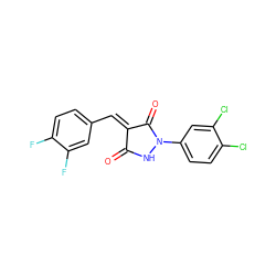 O=C1NN(c2ccc(Cl)c(Cl)c2)C(=O)/C1=C/c1ccc(F)c(F)c1 ZINC000040895365