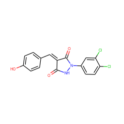 O=C1NN(c2ccc(Cl)c(Cl)c2)C(=O)/C1=C/c1ccc(O)cc1 ZINC000000134647