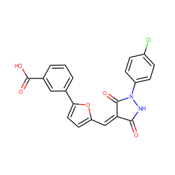 O=C1NN(c2ccc(Cl)cc2)C(=O)/C1=C\c1ccc(-c2cccc(C(=O)O)c2)o1 ZINC000012428660