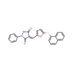 O=C1NN(c2ccccc2)C(=O)/C1=C/c1ccc(Sc2cccc3ccccc23)o1 ZINC000005025768