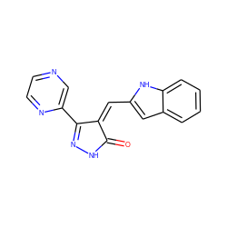 O=C1NN=C(c2cnccn2)/C1=C/c1cc2ccccc2[nH]1 ZINC000028455546