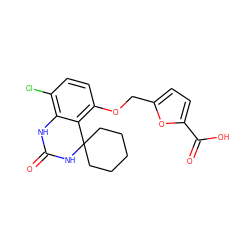 O=C1Nc2c(Cl)ccc(OCc3ccc(C(=O)O)o3)c2C2(CCCCC2)N1 ZINC000028379529