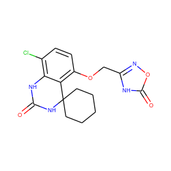 O=C1Nc2c(Cl)ccc(OCc3noc(=O)[nH]3)c2C2(CCCCC2)N1 ZINC000028348475