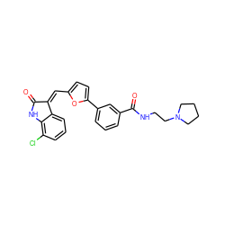 O=C1Nc2c(Cl)cccc2/C1=C\c1ccc(-c2cccc(C(=O)NCCN3CCCC3)c2)o1 ZINC000084710350