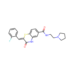 O=C1Nc2cc(C(=O)NCCN3CCCC3)ccc2S/C1=C\c1ccccc1F ZINC000037492541