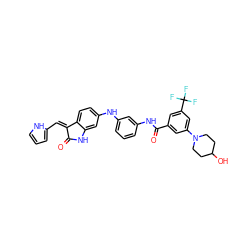 O=C1Nc2cc(Nc3cccc(NC(=O)c4cc(N5CCC(O)CC5)cc(C(F)(F)F)c4)c3)ccc2/C1=C/c1ccc[nH]1 ZINC000084723403